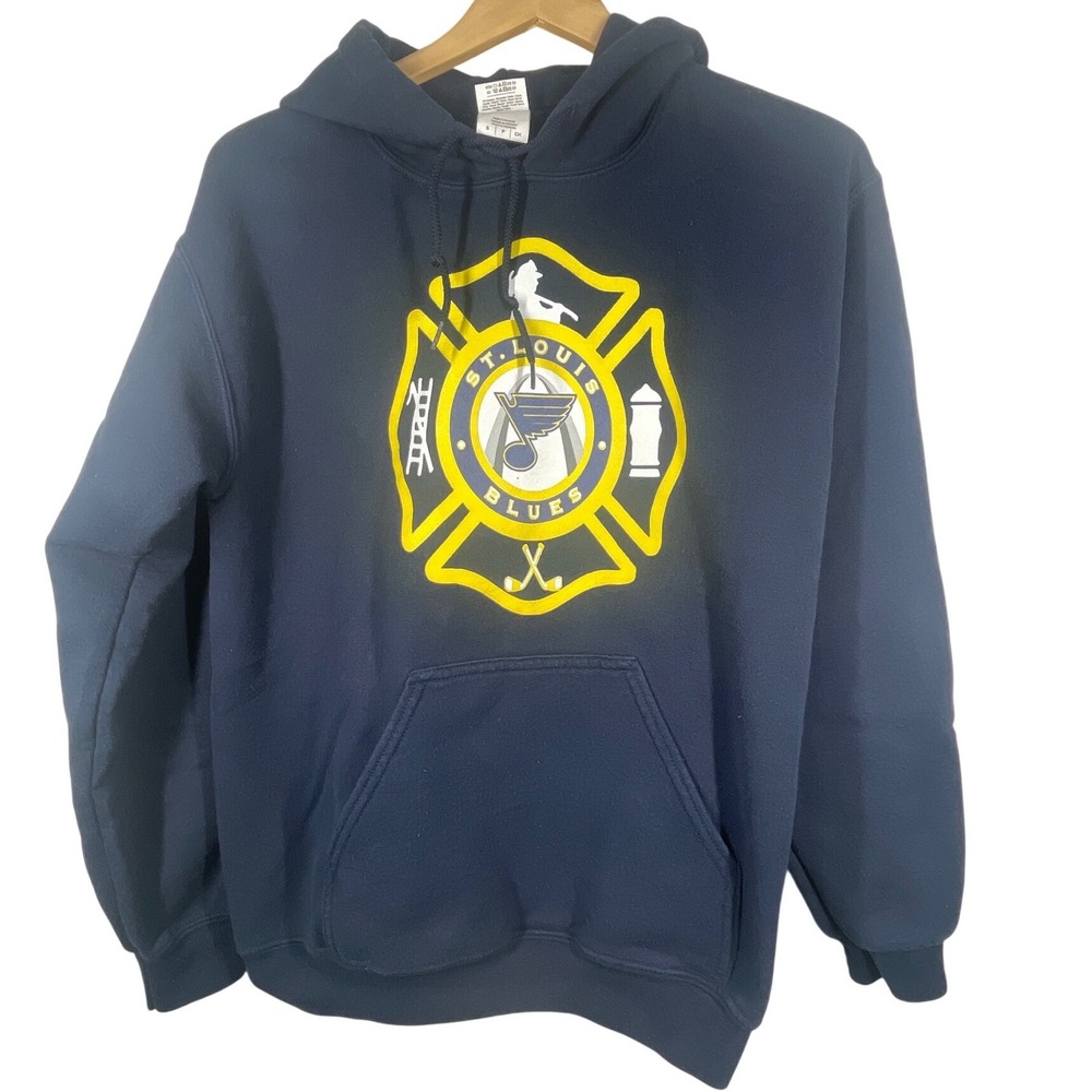 St Louis Blues Firefighter Maltese Cross Hoodie Navy Blue Mens Small